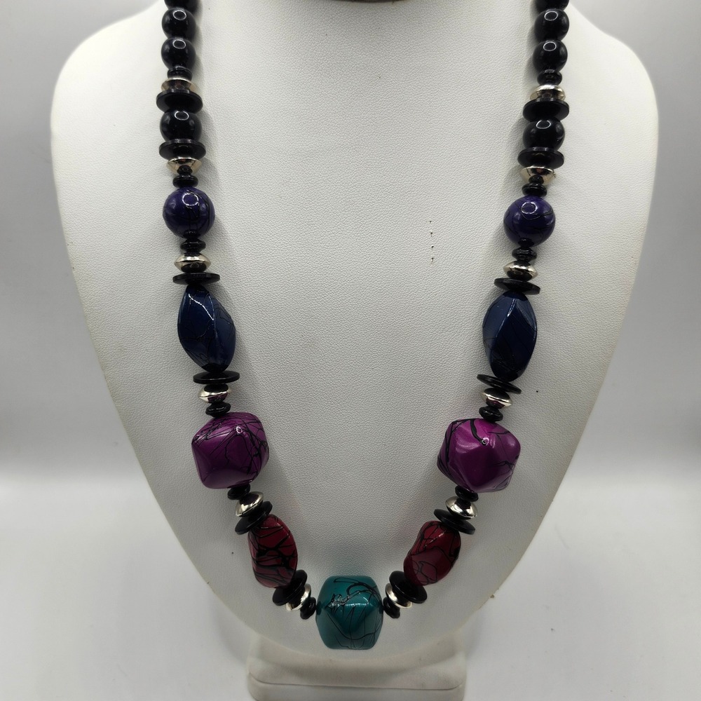 Multicolor Chunky Resin‎ Bead Necklace Black Purple Teal Red Statement Jewelry